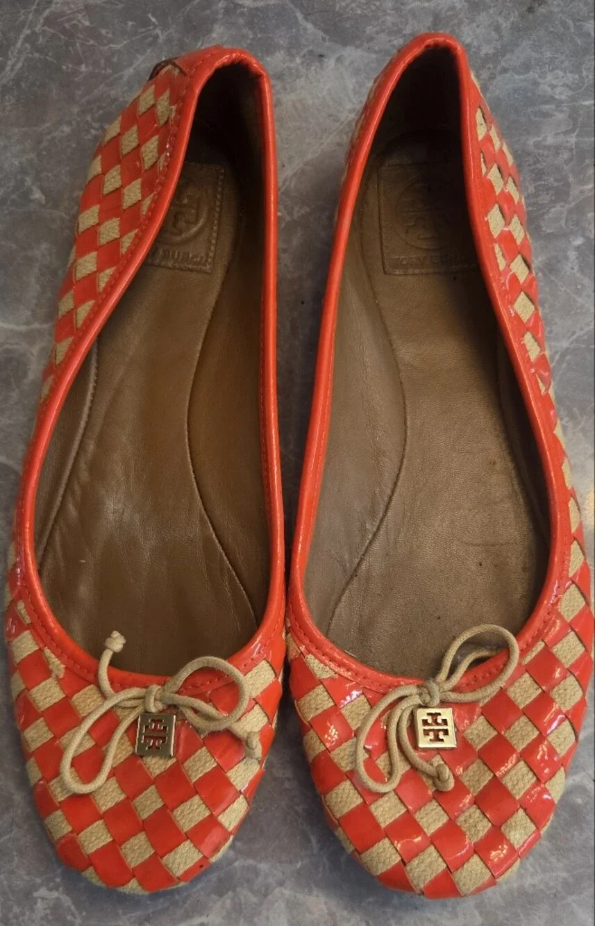 Tory Burch Orange Woven Leather Ballet Flats